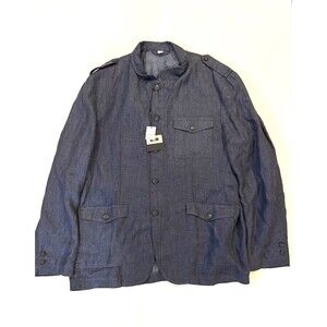 NWT JOSEPH ABBOUD Military Jacket HERRINGBONE Men XL Blue LINEN Zip Button